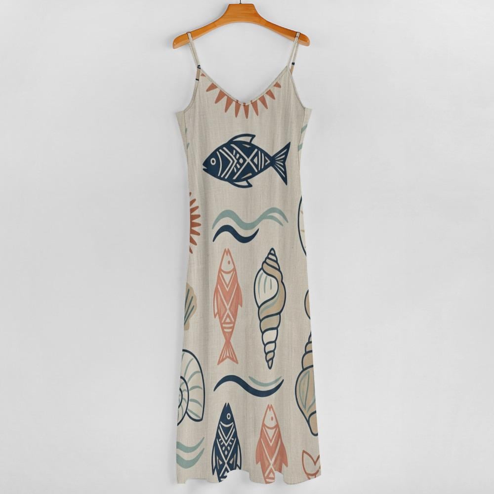 Mediterranean Fish Shell Maxi Dress | Sleeveless Coastal Resort Dress