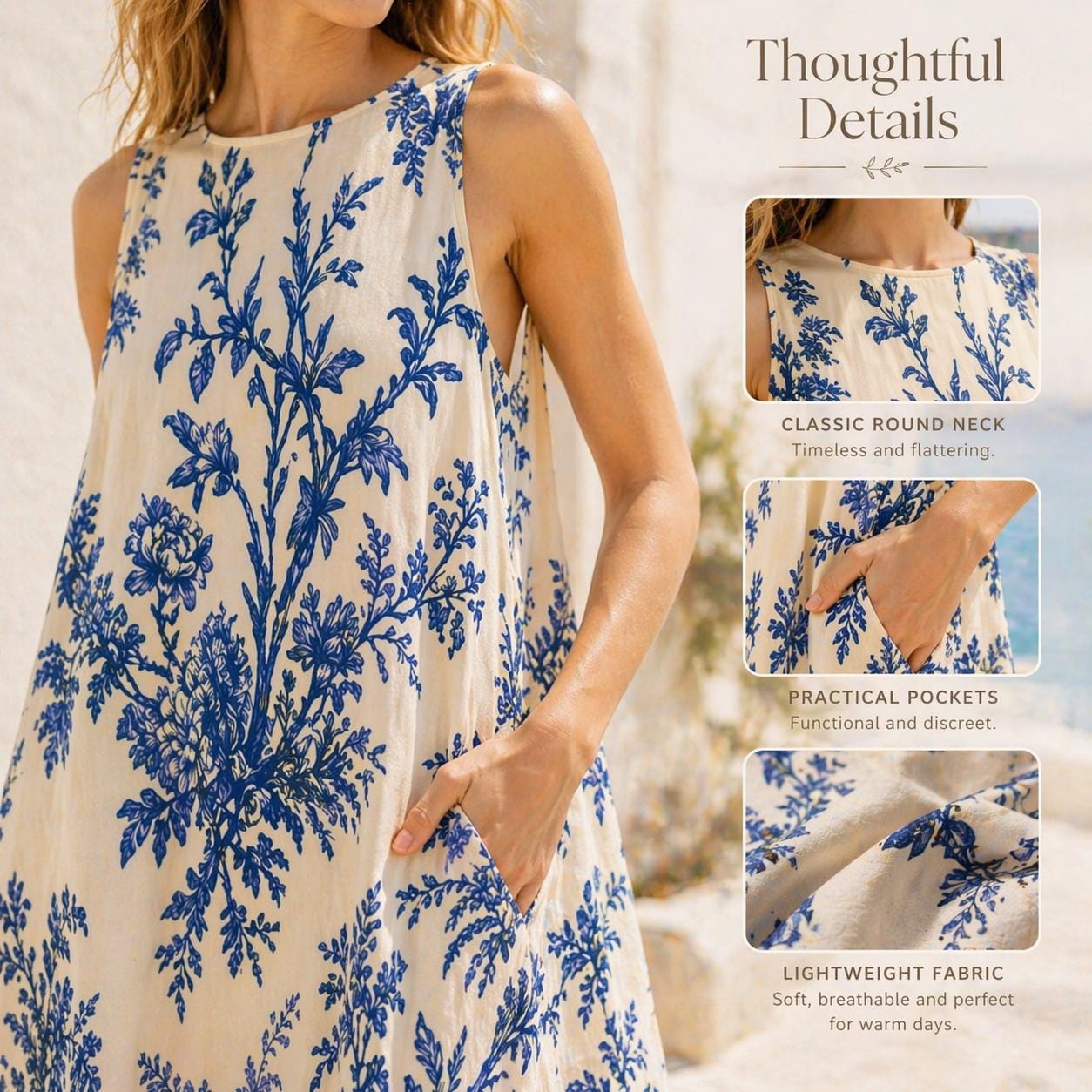 Blue Floral Mediterranean Midi Dress | A-Line Vacation Dress with Pockets