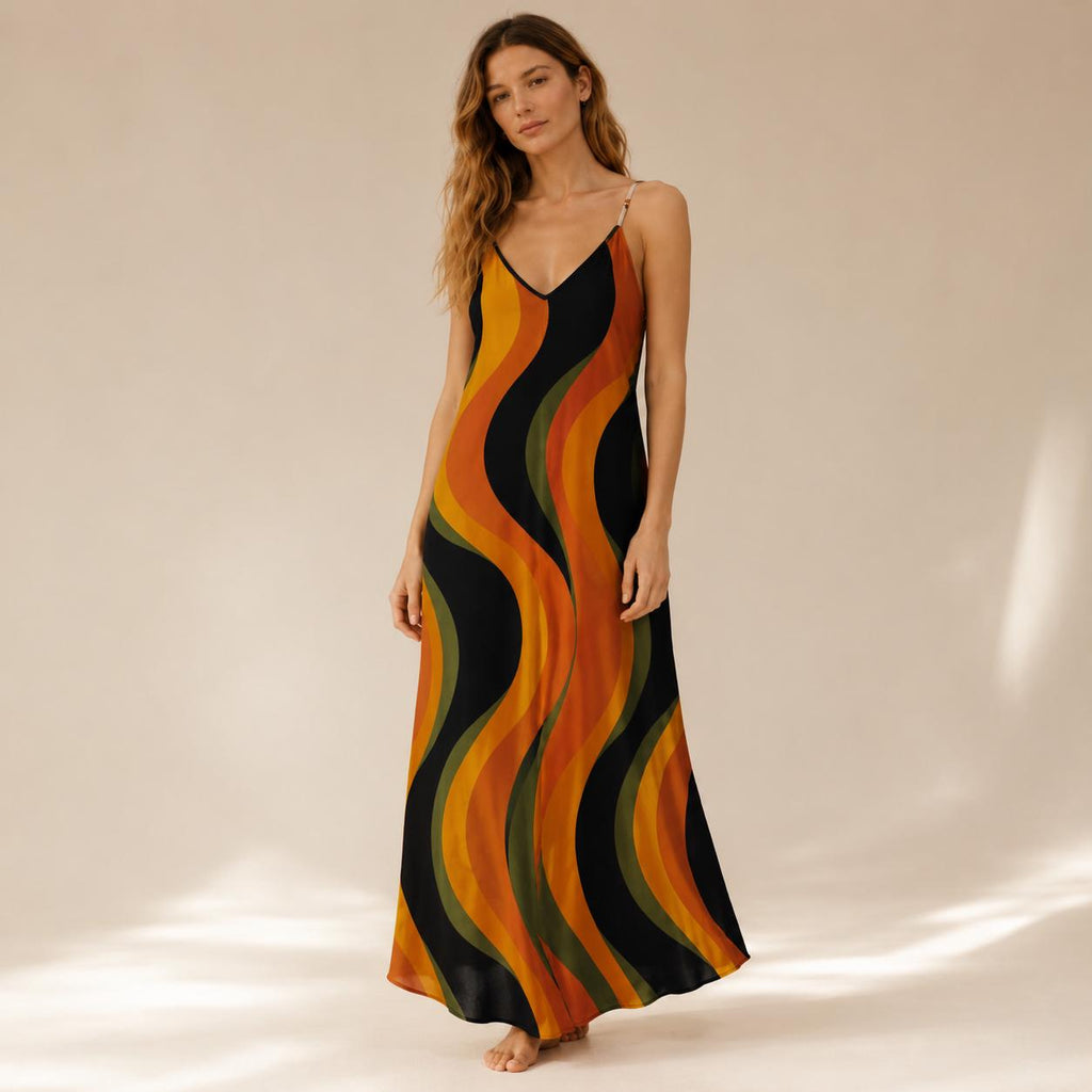 70s Retro Wave Maxi Dress | Abstract Resort Vacation Dress