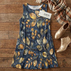 Navy Botanical A-Line Mini Dress | Blue Watercolor Leaf Pocket Dress