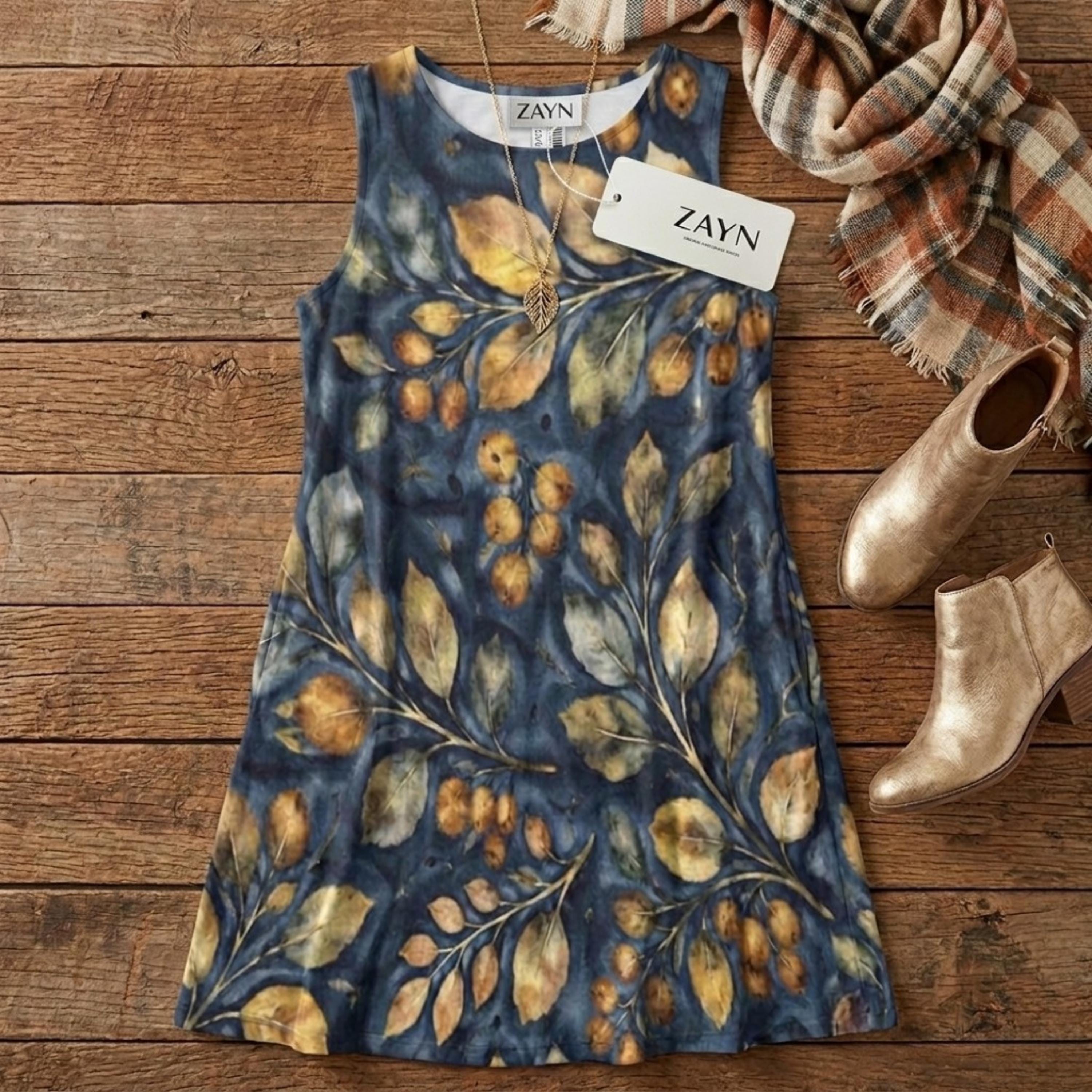Navy Botanical A-Line Mini Dress | Blue Watercolor Leaf Pocket Dress