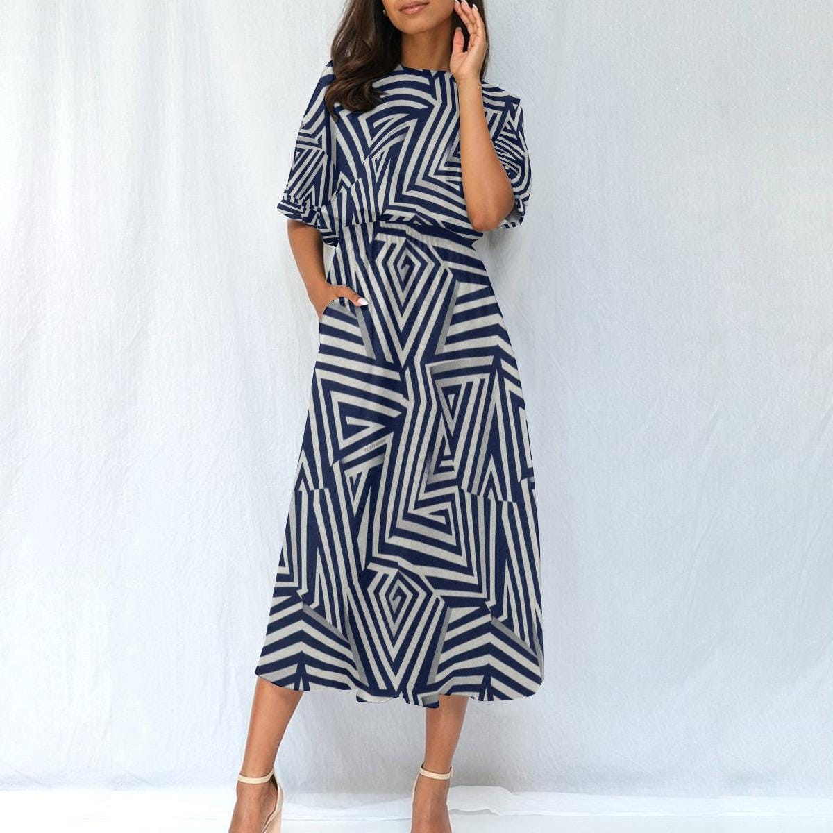 Navy Geometric Midi Dress | Modern Art A-Line Statement Dress