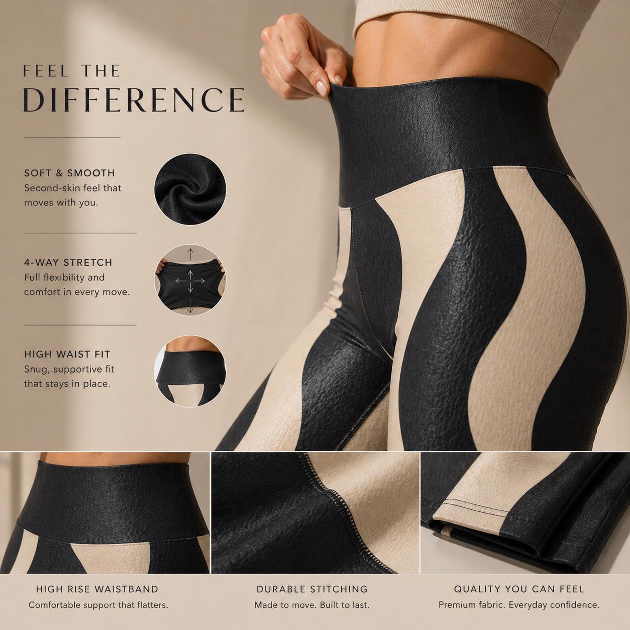 Black Beige Wave Leggings | Abstract High-Waist Yoga Pants