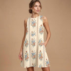 Retro Floral A-Line Mini Dress | Sleeveless Dress with Pockets