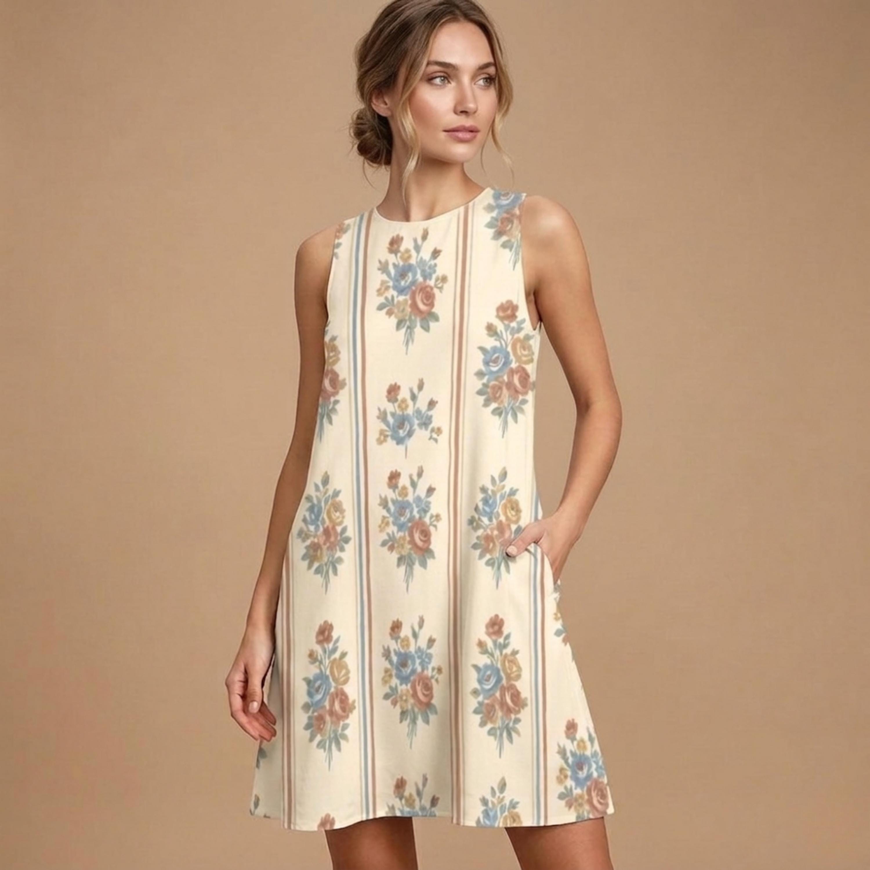 Retro Floral A-Line Mini Dress | Sleeveless Dress with Pockets