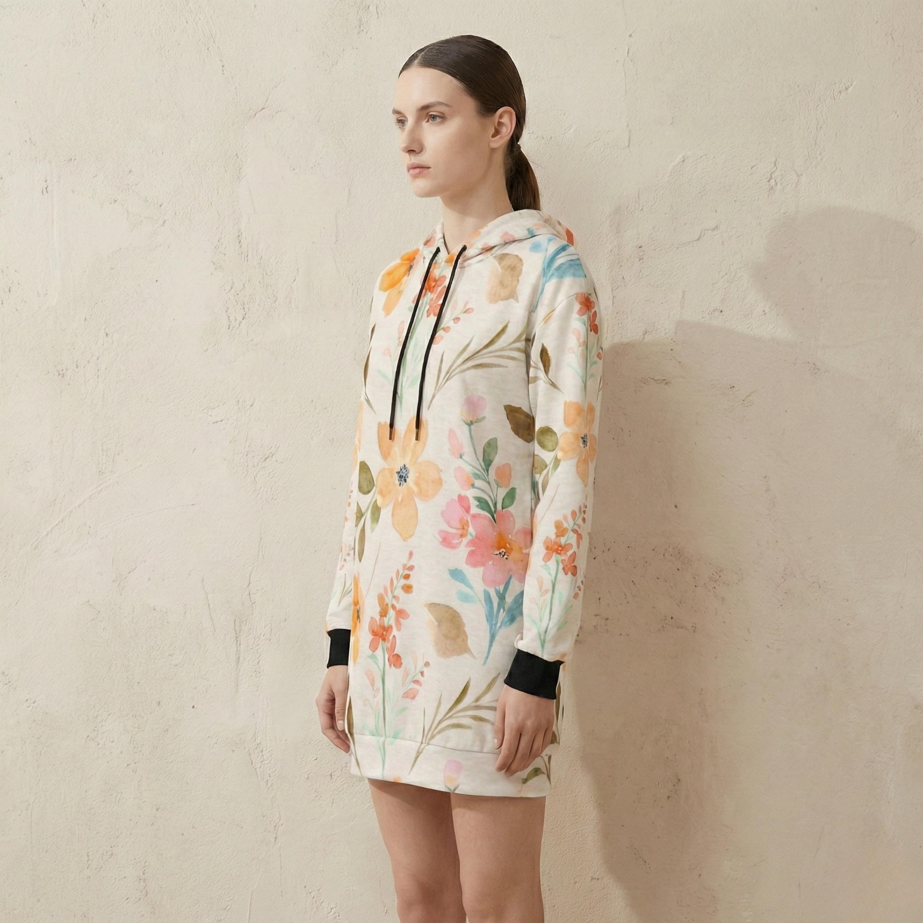 Watercolor Floral Hoodie Dress | Long Sleeve Casual Sweatshirt Dress