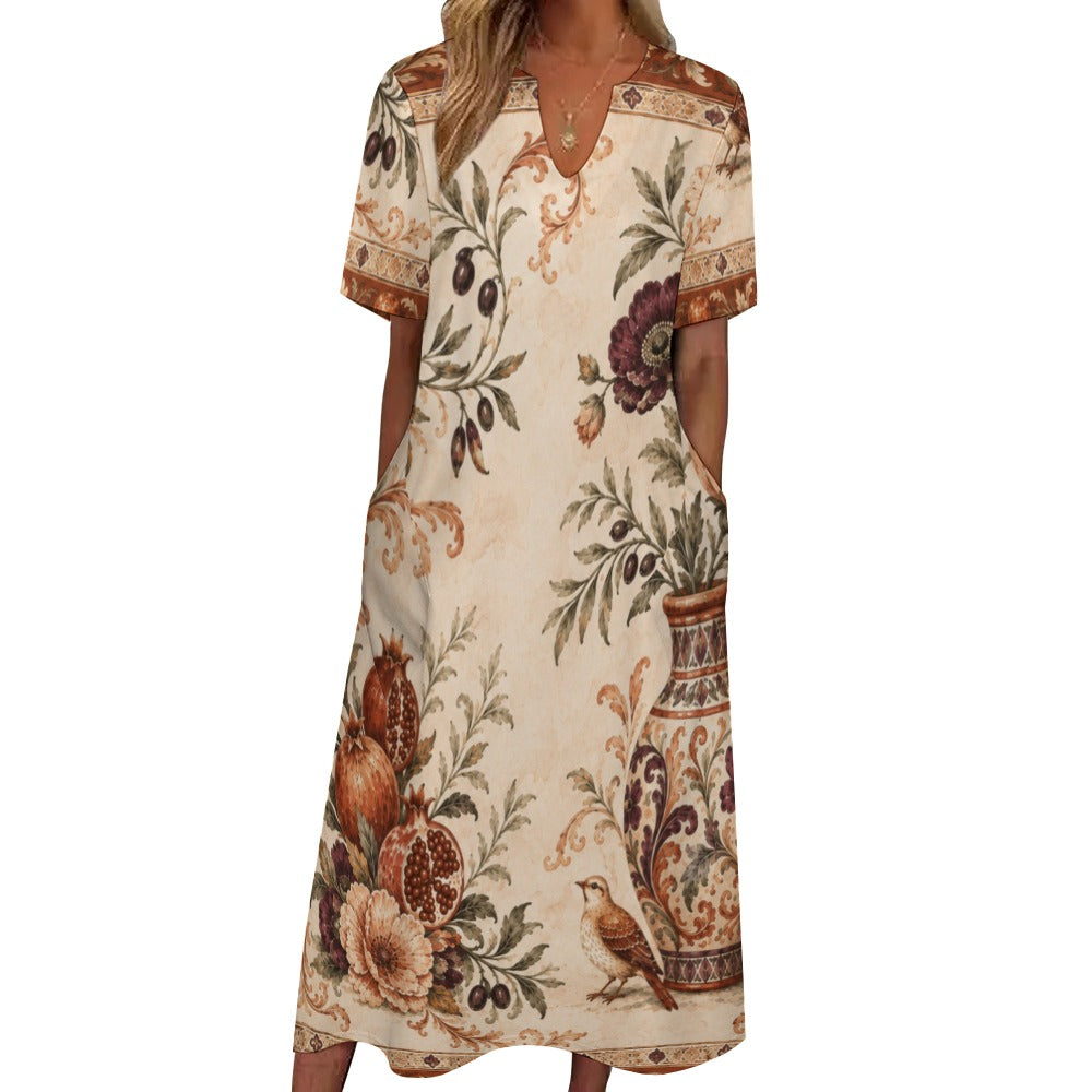 Vintage Medallion 3/4 Sleeve Midi Dress | Ornate Neutral Print