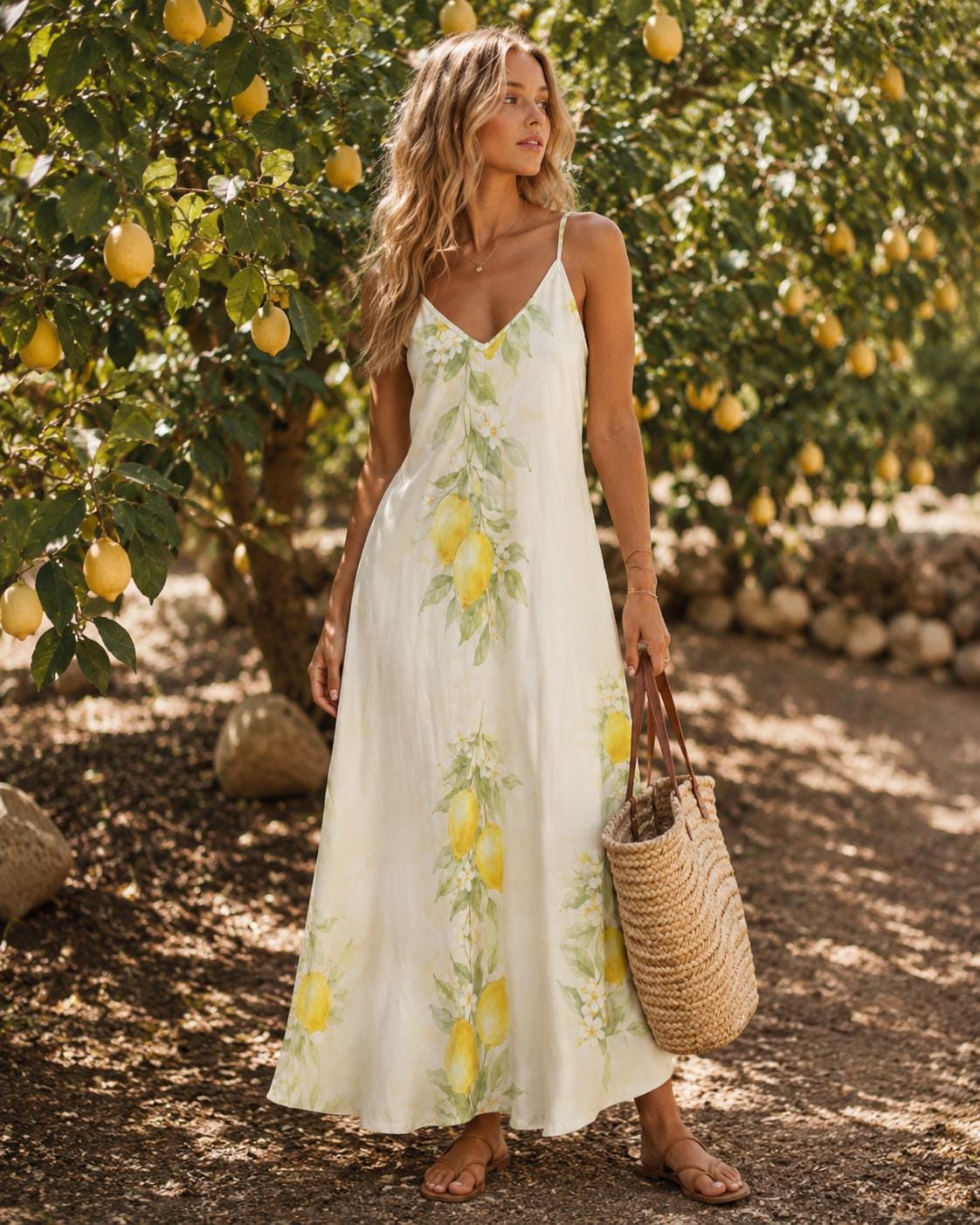 Watercolor Lemon Maxi Dress | Amalfi Spaghetti Strap Sundress