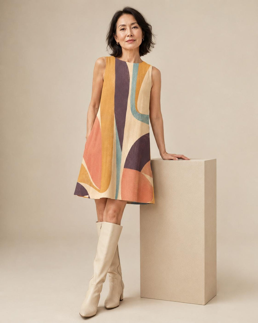 Abstract Print A-Line Mini Dress with Pockets, Retro Resort Summer Style