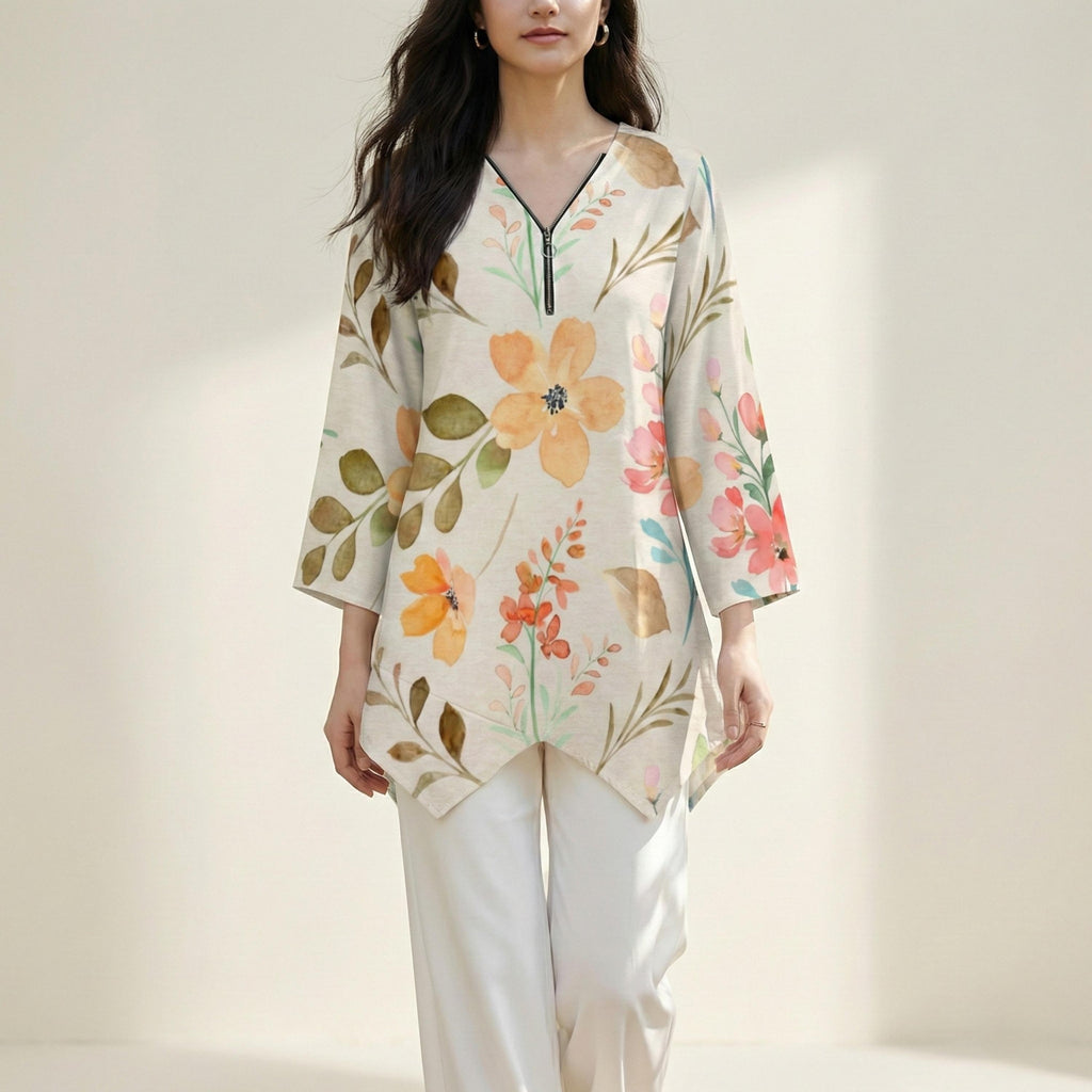 Soft Floral V-Neck Tunic | Watercolor Irregular Hem Top