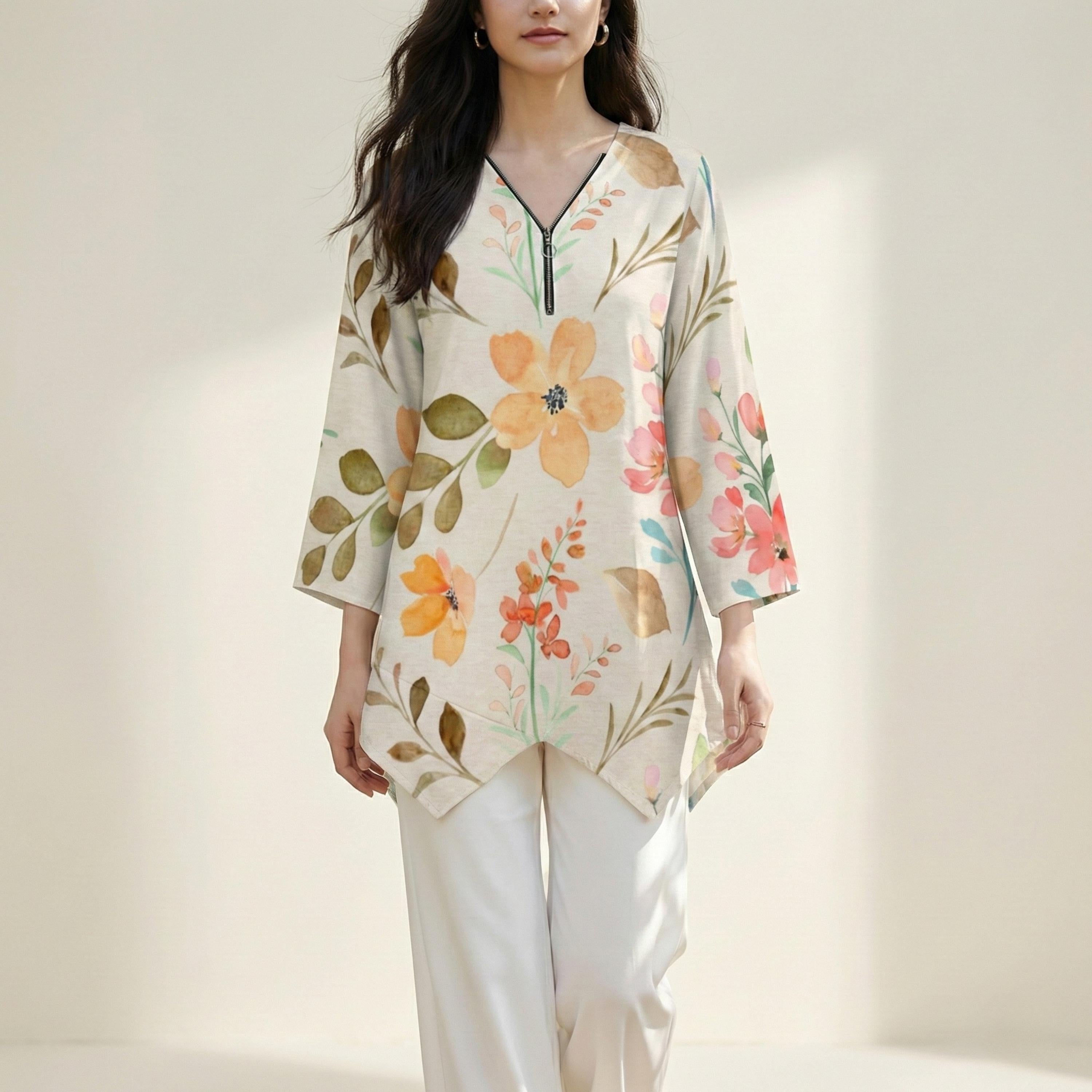 Soft Floral V-Neck Tunic | Watercolor Irregular Hem Top