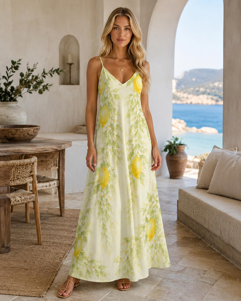 Lemon Floral Maxi Dress | Mediterranean Garden Resort Dress