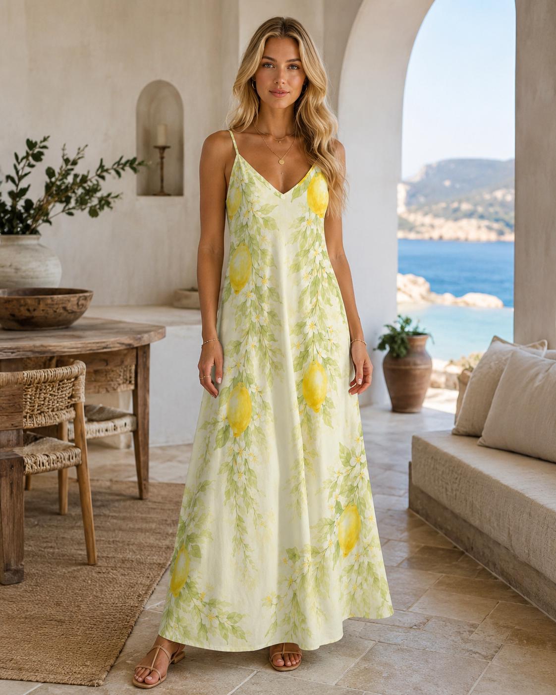 Lemon Floral Maxi Dress | Mediterranean Garden Resort Dress