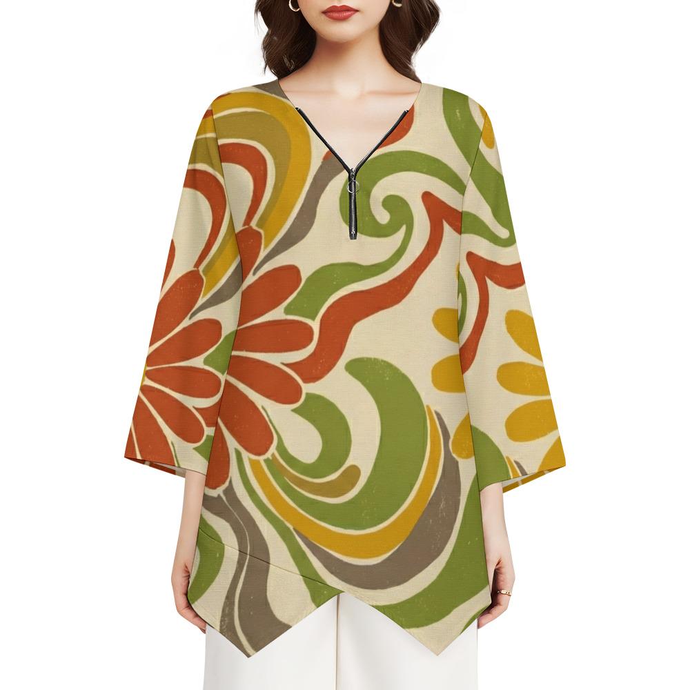 Abstract Floral V-Neck Tunic | Boho Zipper Travel Top