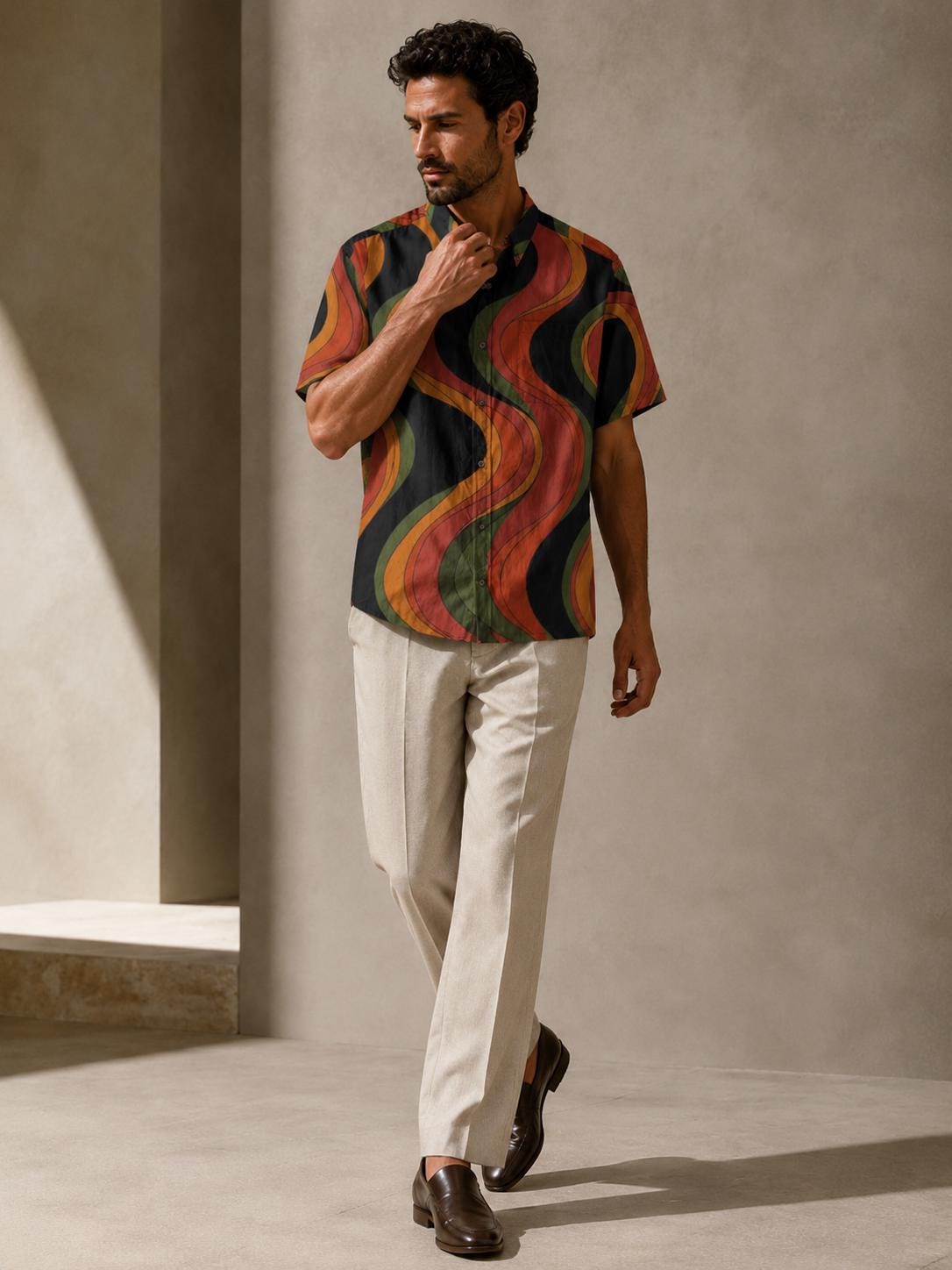 Men’s Retro Wave Cotton Resort Shirt | 70s Mediterranean Button-Up