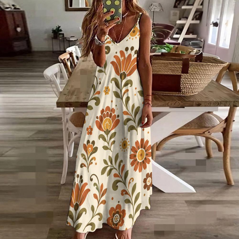 Retro Folk Floral Maxi Dress | 70s Botanical Resort Dress
