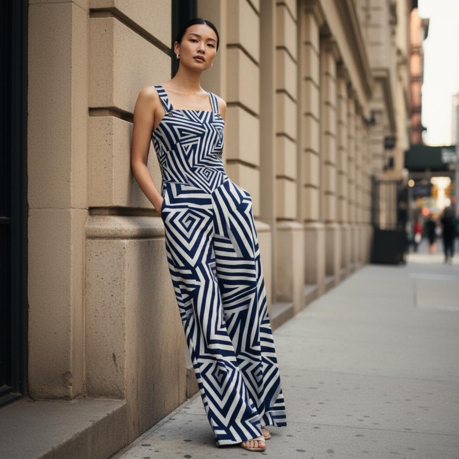 Navy Geometric Wide-Leg Jumpsuit | Modern Art Resort Outfit