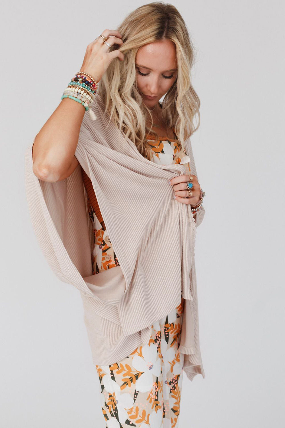 Women's Lace-Trim Ribbed Kimono Cardigan – Black or Apricot