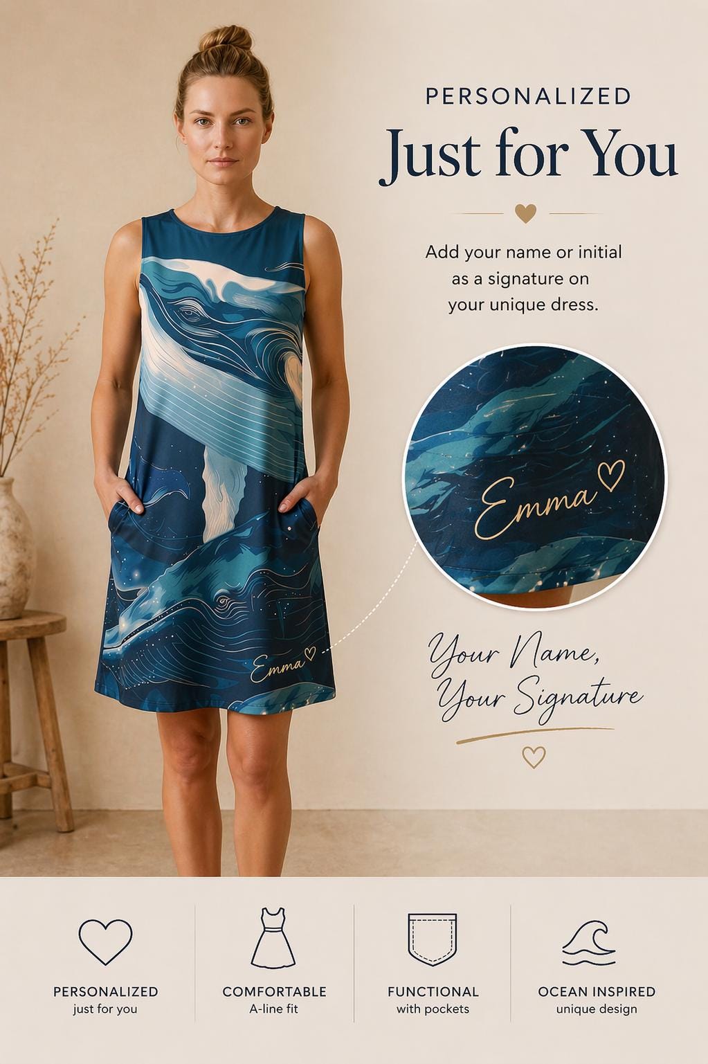 Personalized Whale A-Line Dress | Custom Name Coastal Vacation Dress