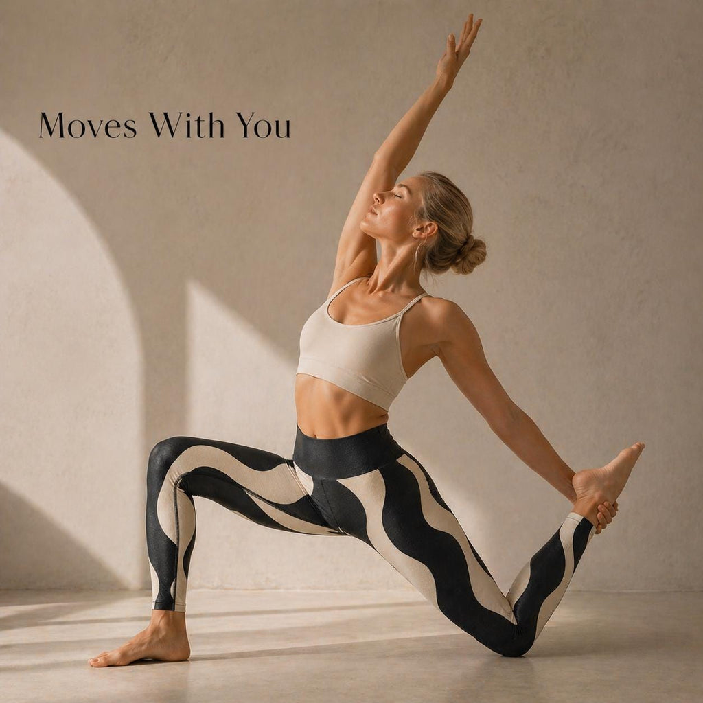 Black Beige Wave Leggings | Abstract High-Waist Yoga Pants