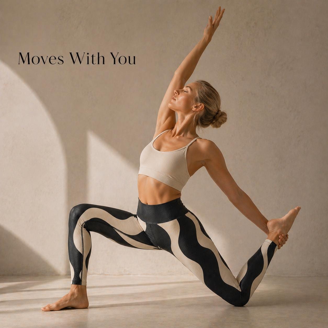 Black Beige Wave Leggings | Abstract High-Waist Yoga Pants