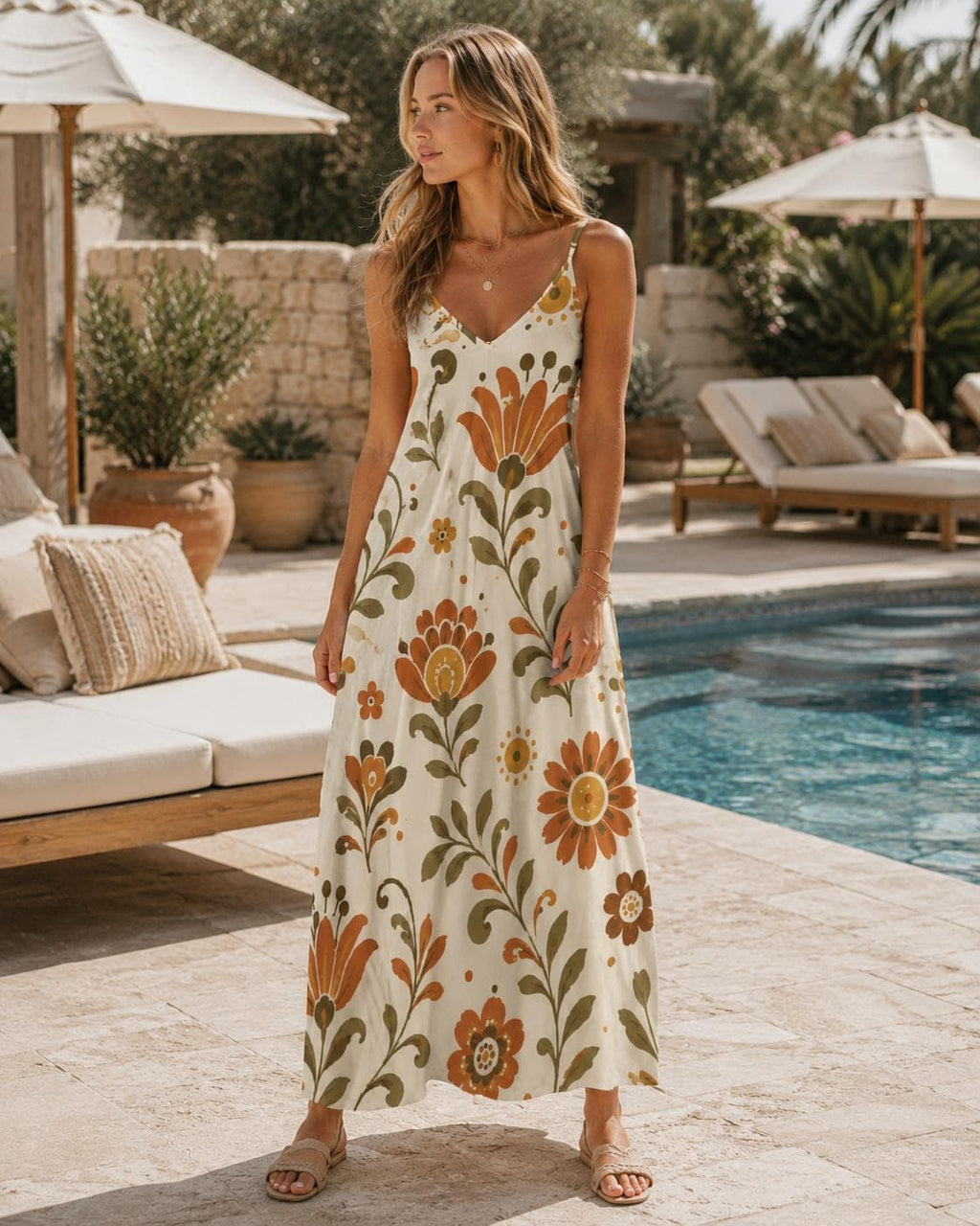 Retro Folk Floral Maxi Dress | 70s Botanical Resort Dress
