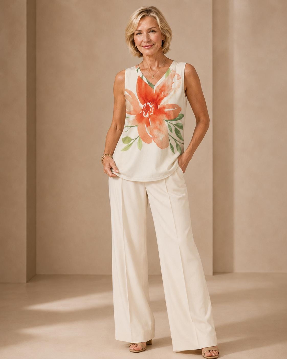 Orange Lily Floral Tank Top | Watercolor V-Neck Vacation Blouse