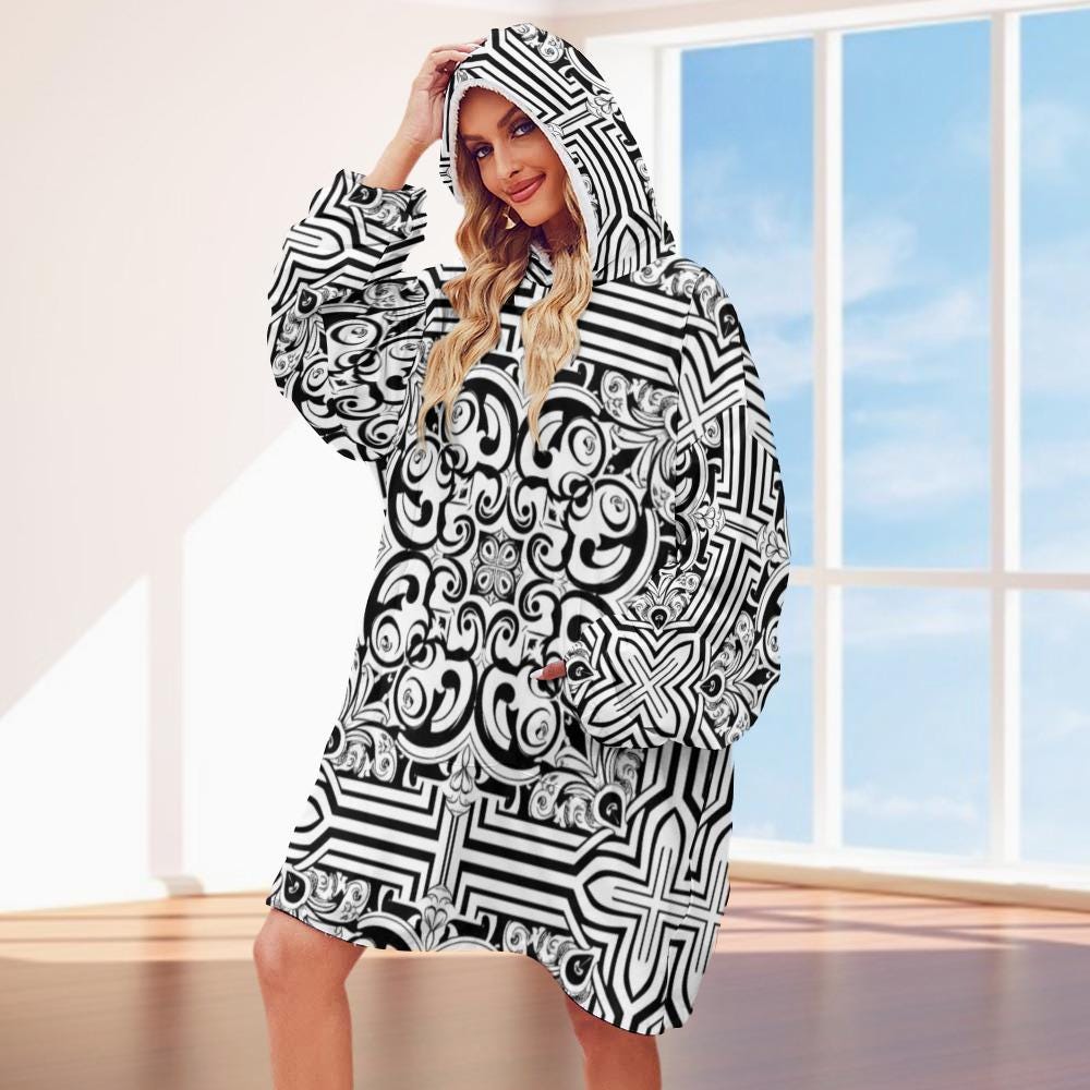 Baroque Hoodie Blanket | Black White Geometric Loungewear