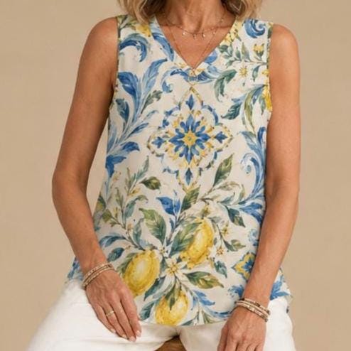 Mediterranean Lemon V-Neck Top | Amalfi Sleeveless Blouse