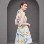 Watercolor Floral Halter Dress | Blue Yellow Skater Sundress