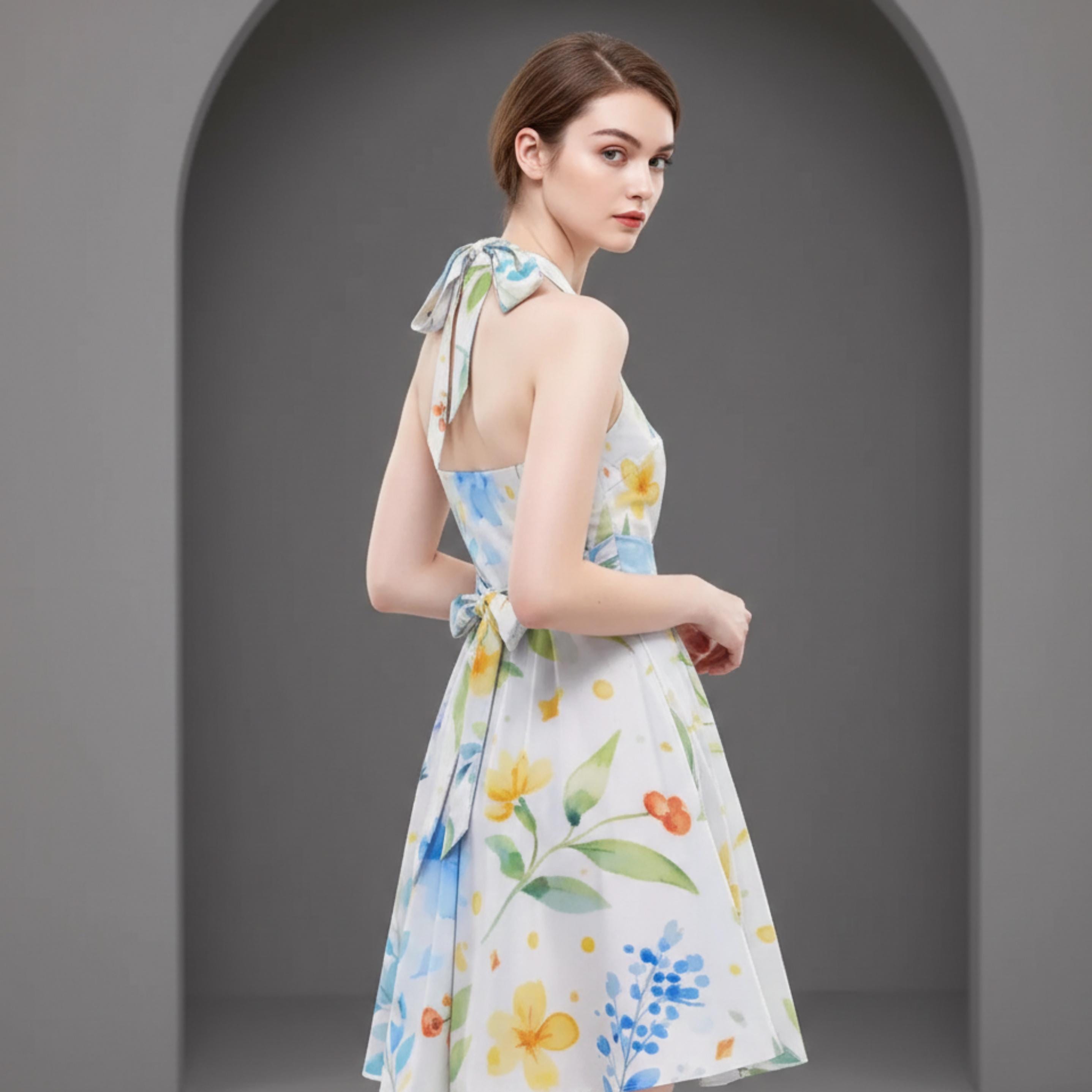 Watercolor Floral Halter Dress | Blue Yellow Skater Sundress