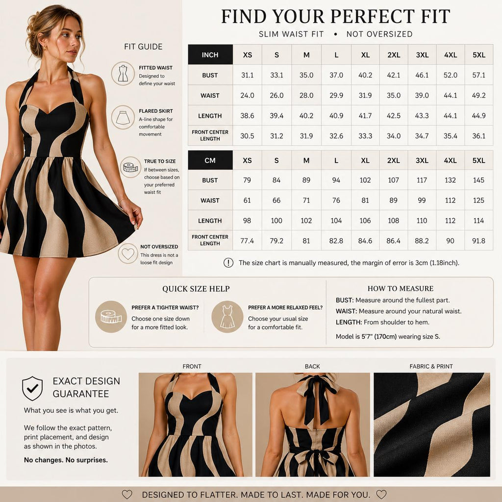 Black Beige Halter Mini Dress | Wedding Guest Date Night Dress