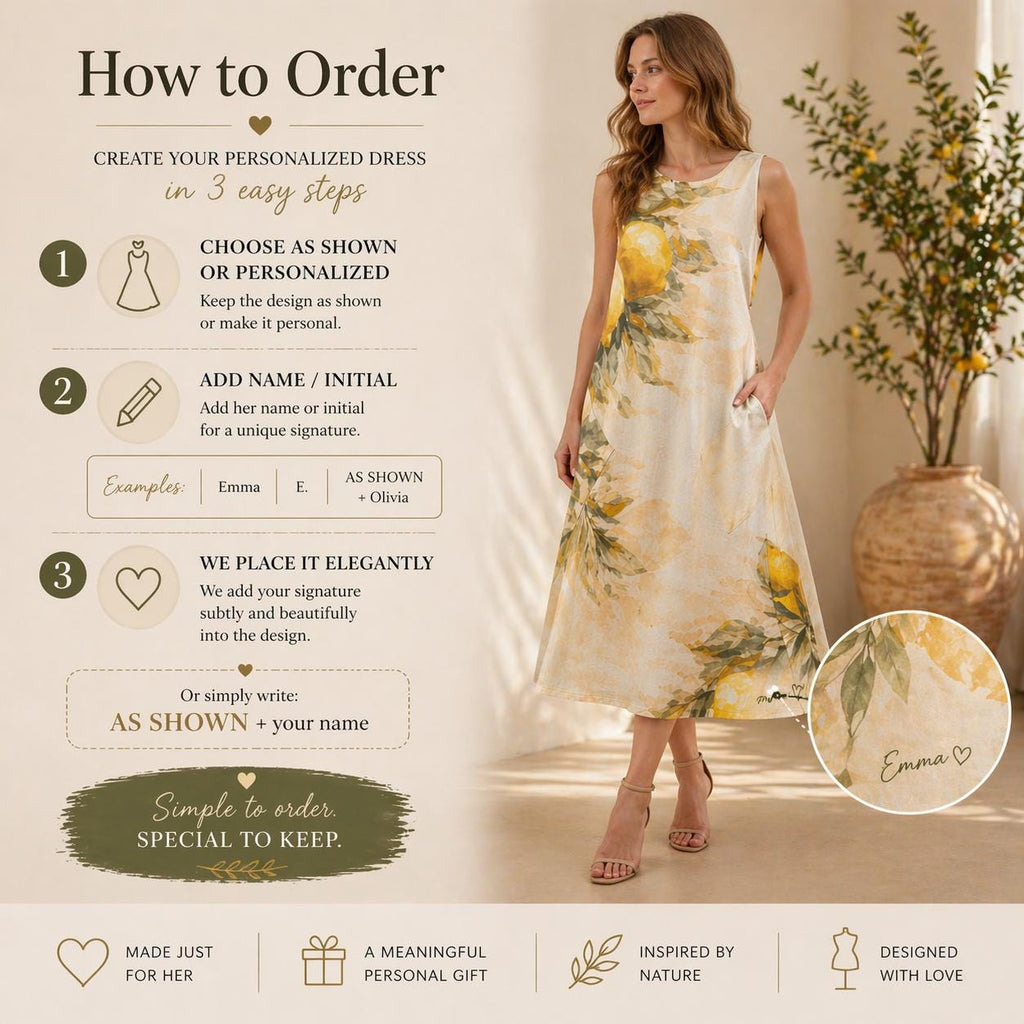 Personalized Lemon Midi Dress | Custom Name Mediterranean Summer Dress