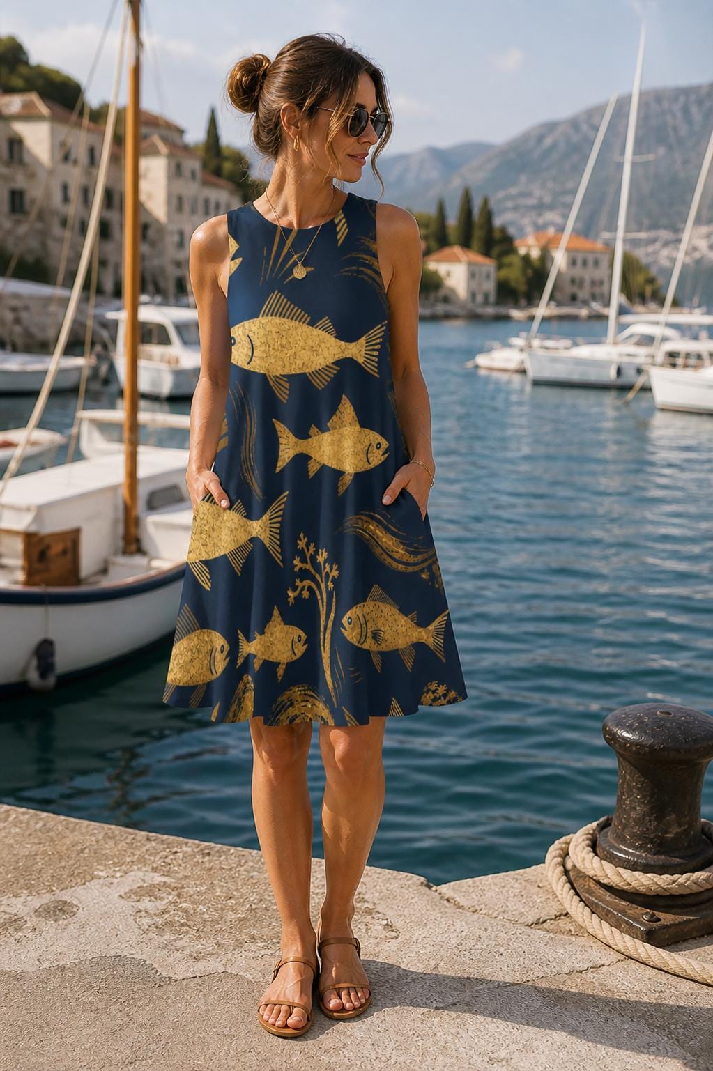 Coastal Fish Pocket Dress | Nautical Resort Summer Dress