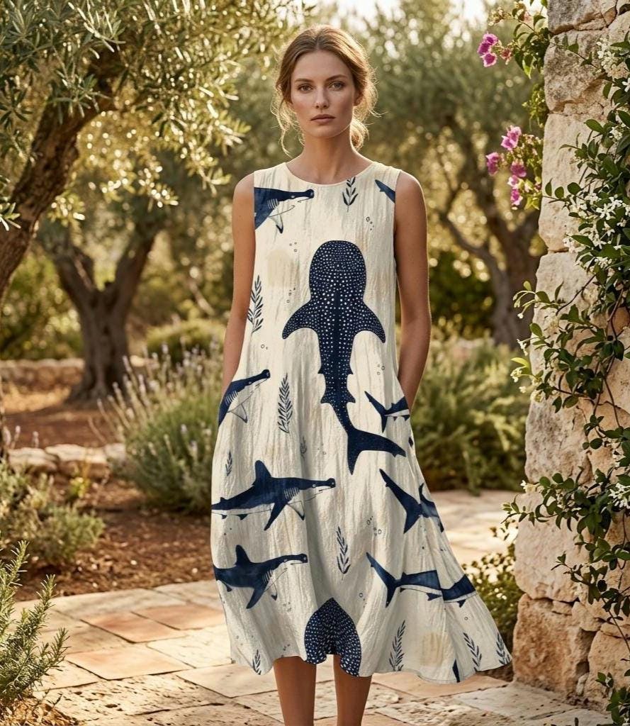 Whale Shark A-Line Dress | Coastal Cotton Pocket Resort Dress
