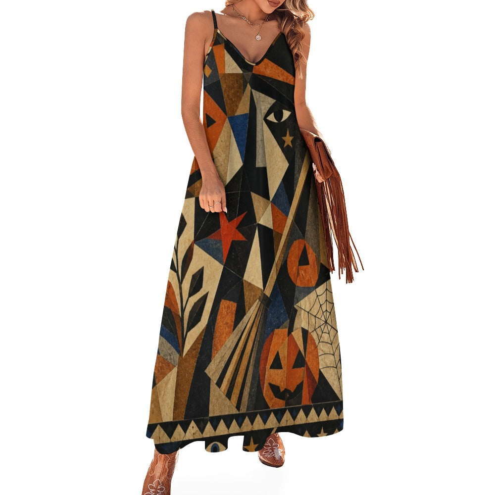 Abstract Halloween Slip Maxi Dress | Spaghetti Strap Statement Dress