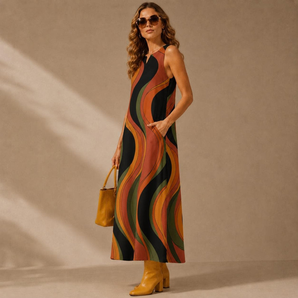 Retro Abstract A-Line Dress | 70s Earth Tone Pocket Dress