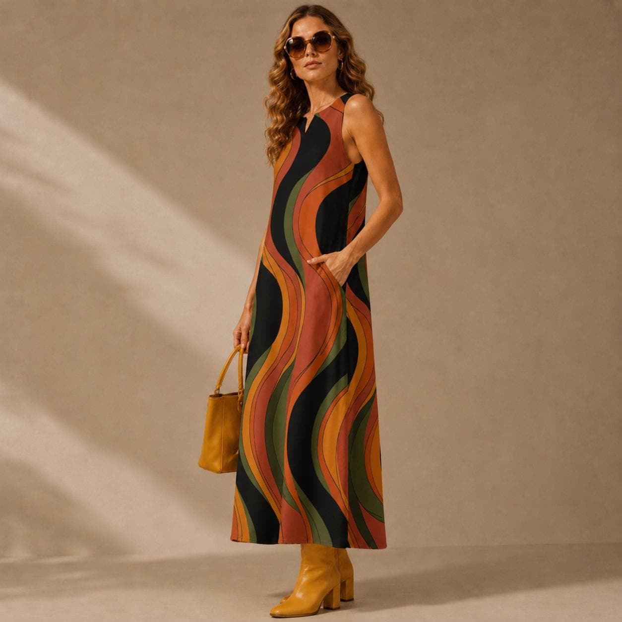 Retro Abstract A-Line Dress | 70s Earth Tone Pocket Dress