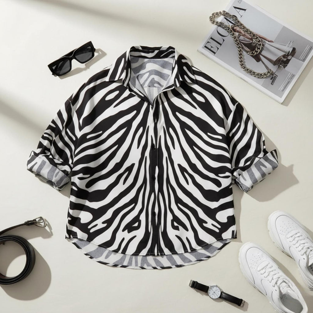 Zebra Print Button-Down Shirt | Relaxed Monochrome Blouse