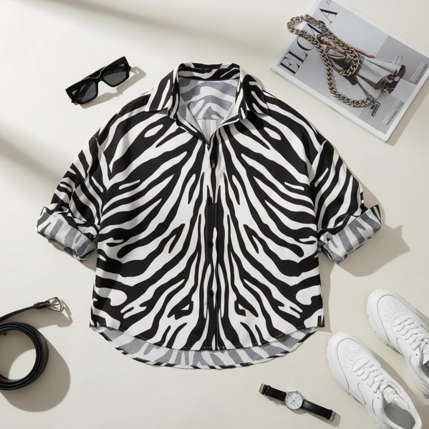 Zebra Print Button-Down Shirt | Relaxed Monochrome Blouse