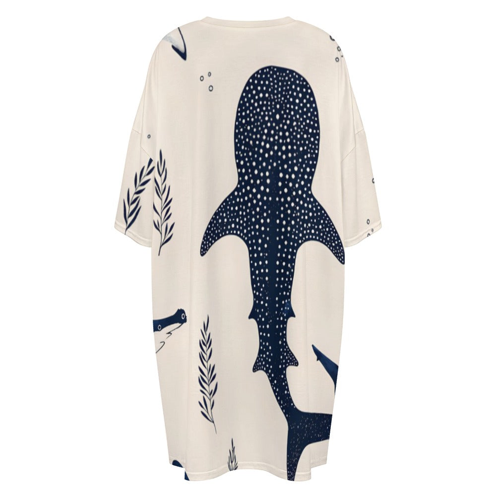 Whale Shark Print Oversized T-Shirt Dress with Pockets, Coastal Ocean Style