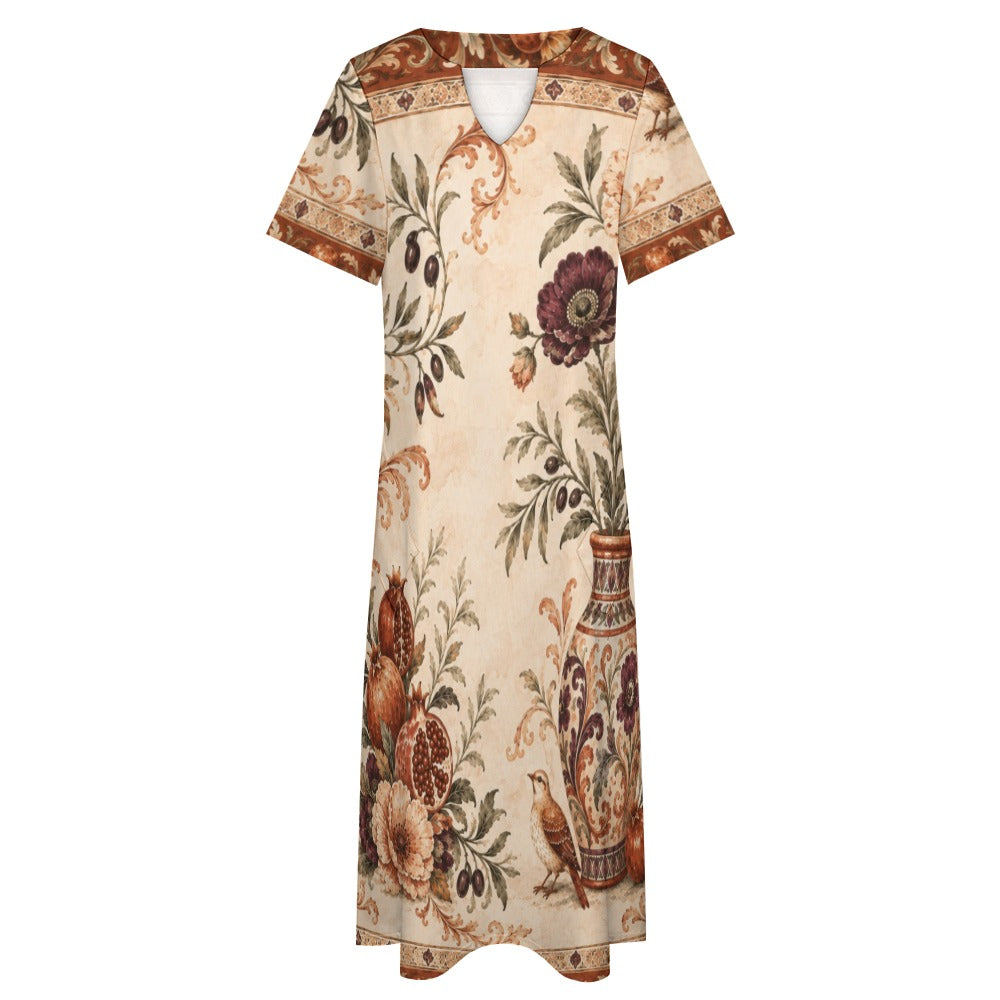 Vintage Medallion 3/4 Sleeve Midi Dress | Ornate Neutral Print