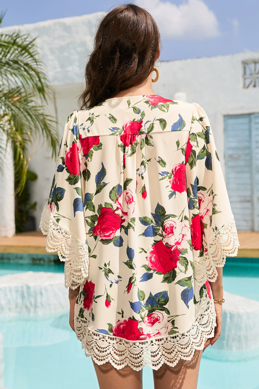 Beige floral open-front kimono with scalloped lace trim