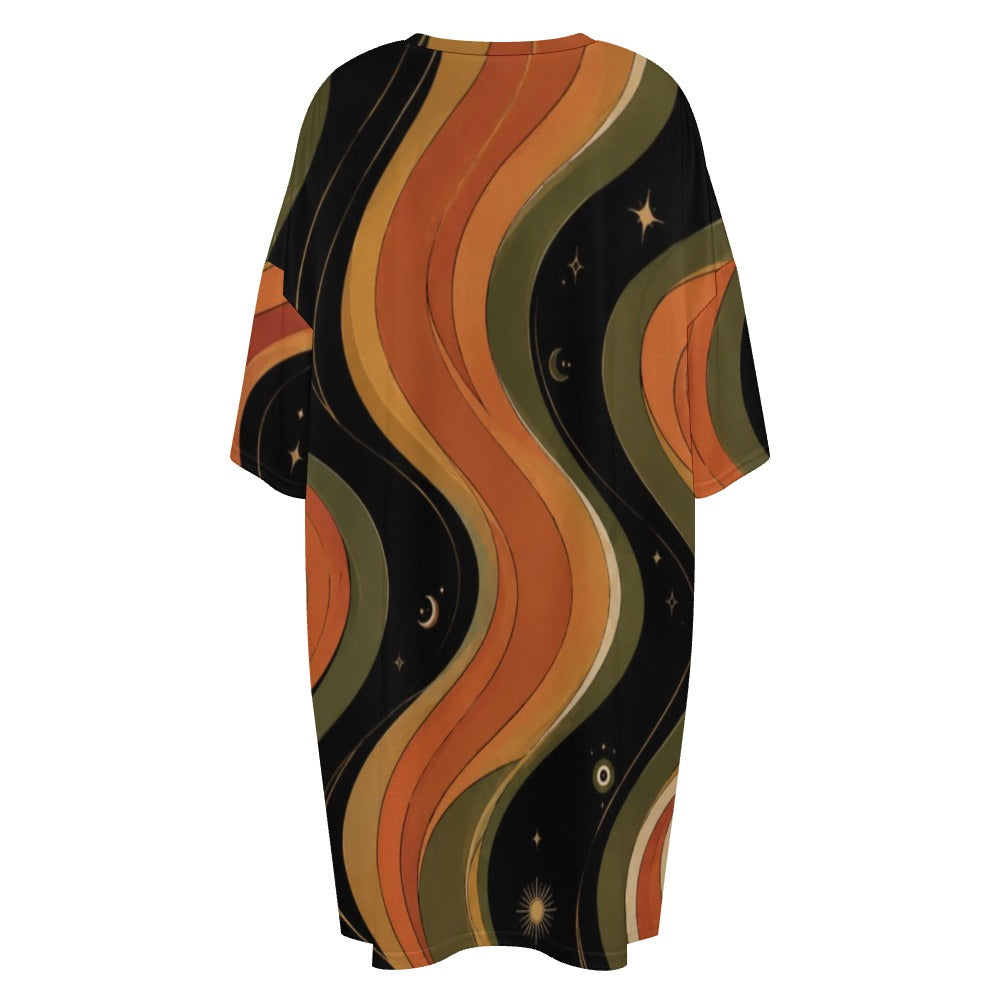 Retro 70s Wave Print Nightgown with Pockets, Oversized Loungewear Sleep Shirt