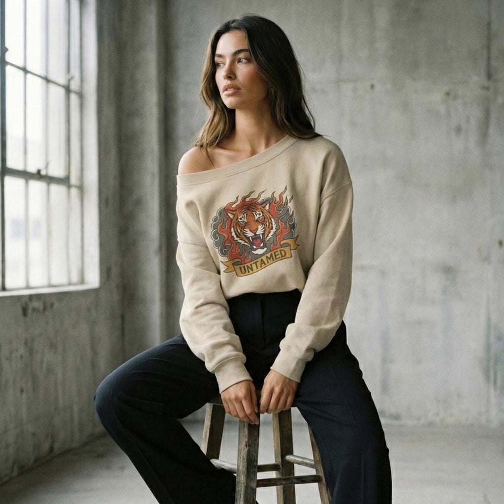 Born Wild Tiger Off-Shoulder Sweatshirt | Relaxed Graphic Top