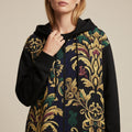 Baroque Long Hooded Coat | Black Gold Statement Zip Jacket