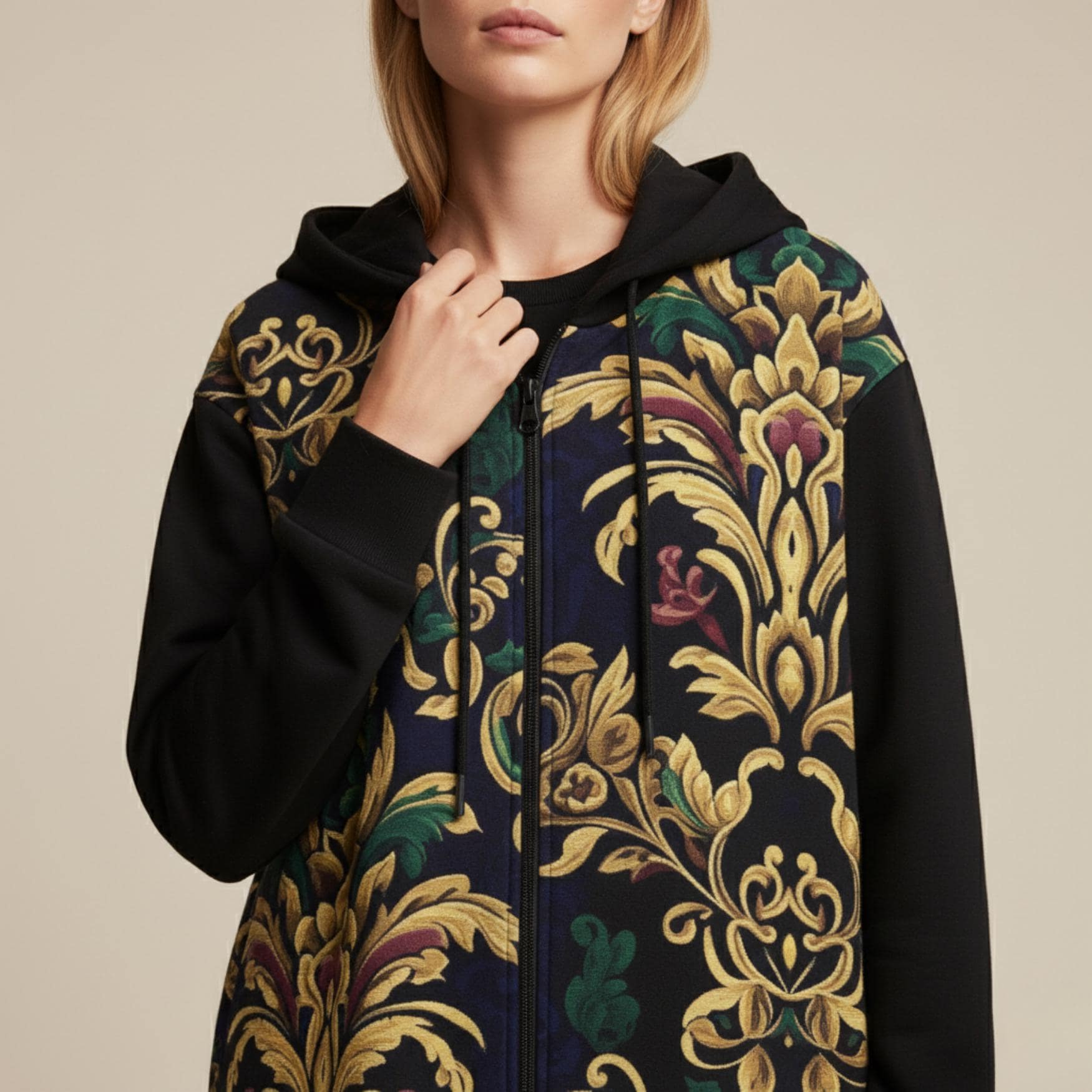 Baroque Long Hooded Coat | Black Gold Statement Zip Jacket