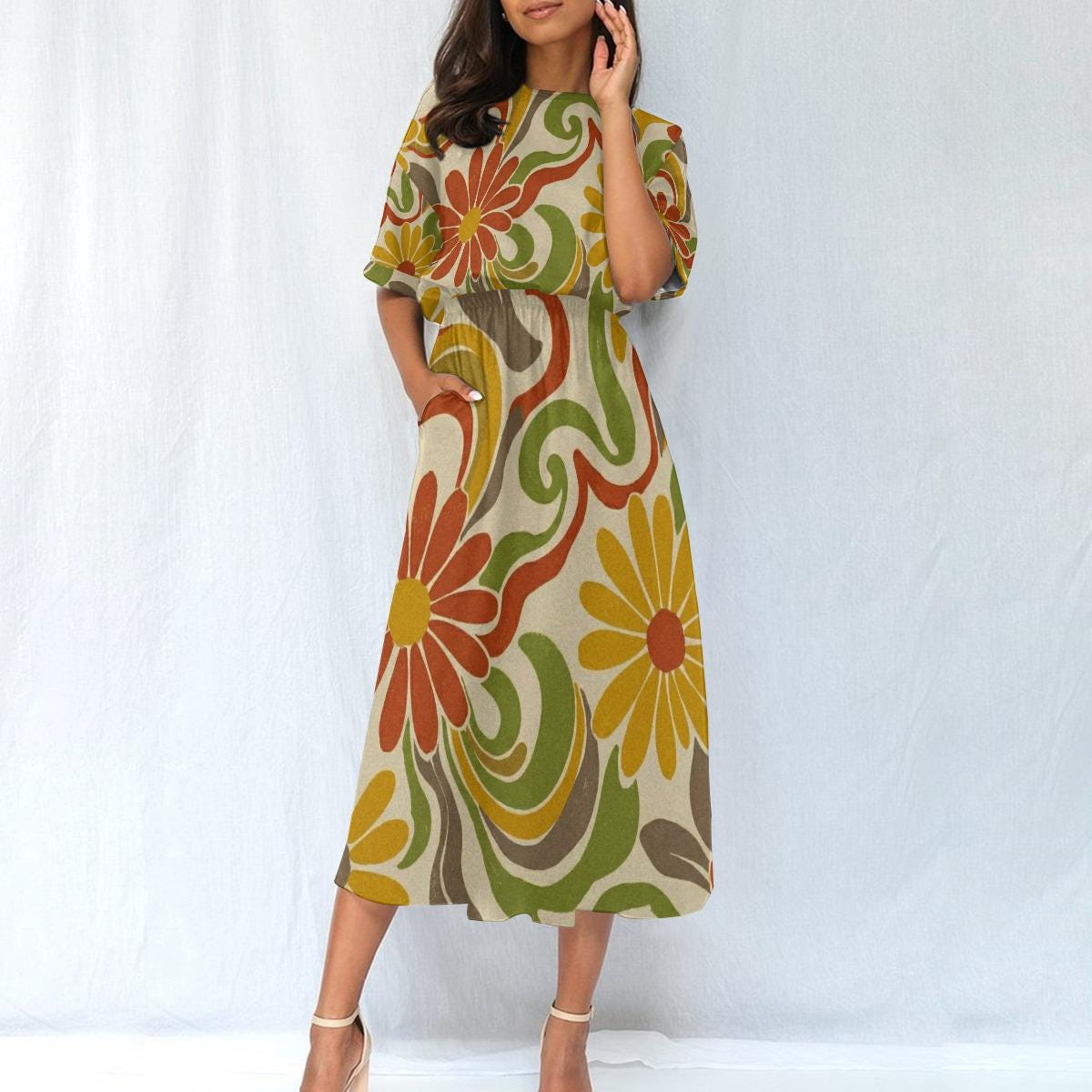 70s Floral Midi Dress | Retro Boho Summer Dress