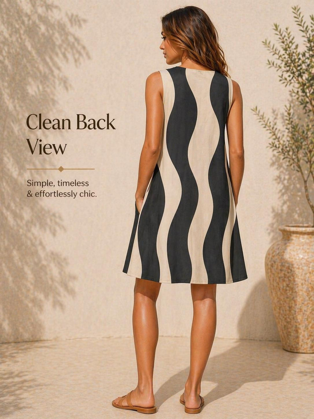 Minimalist Wave A-Line Midi Dress | Black Beige Pocket Occasion Dress