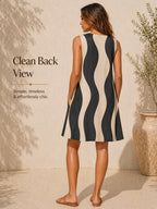 Minimalist Wave A-Line Midi Dress | Black Beige Pocket Occasion Dress